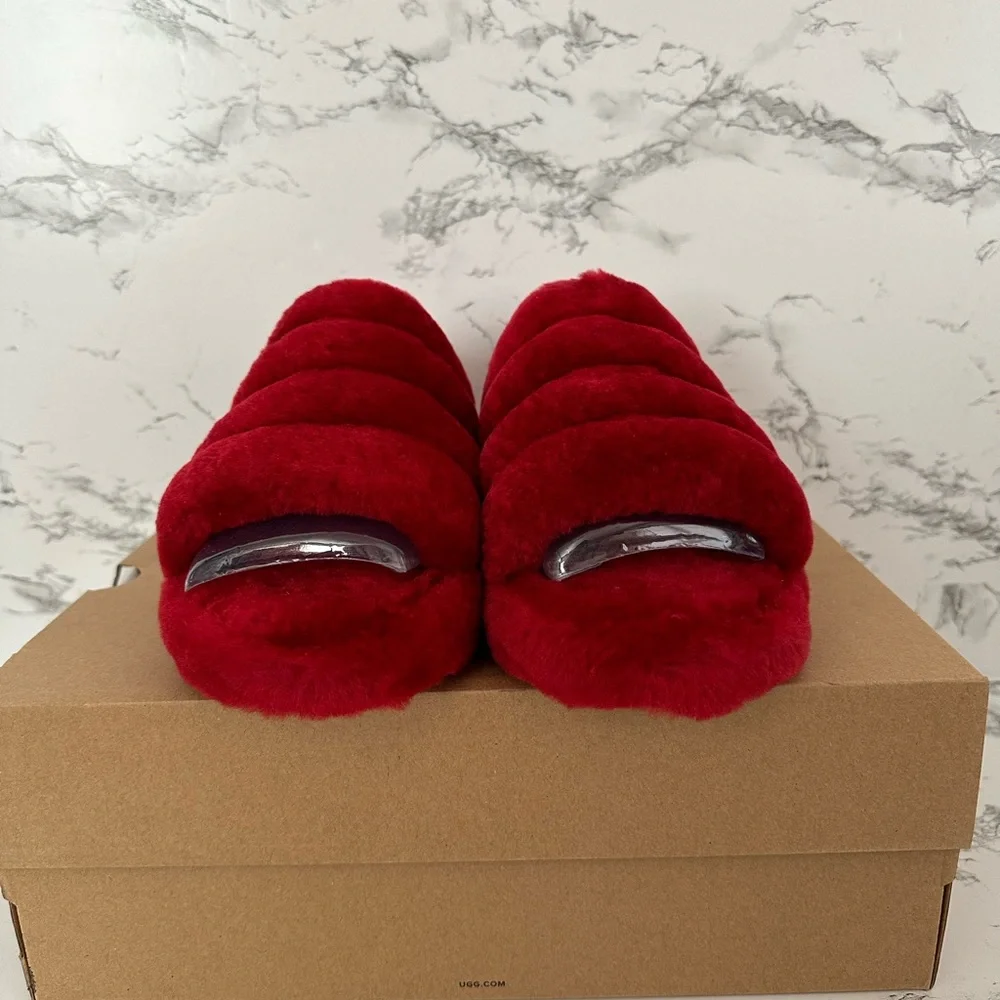 UGG Fluff Yeah Ruby Red Slide Slippers Shoes - Picture 3 of 9